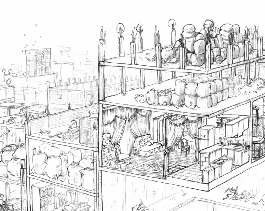 Détail de l'illustration réalisée pour le MUCEM à Marseille sur l'éco-quartier du Caire par Bastien Massot